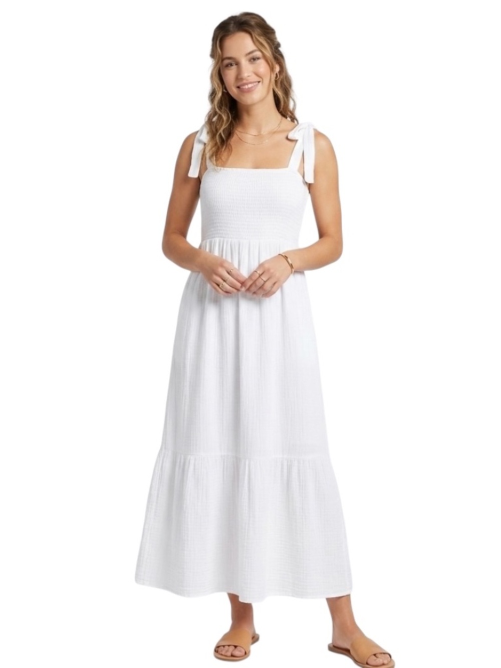 BB Dakota Steve Madden Gauze Maxi Dress Sz M White Smocked Tie Straps Boho Beach